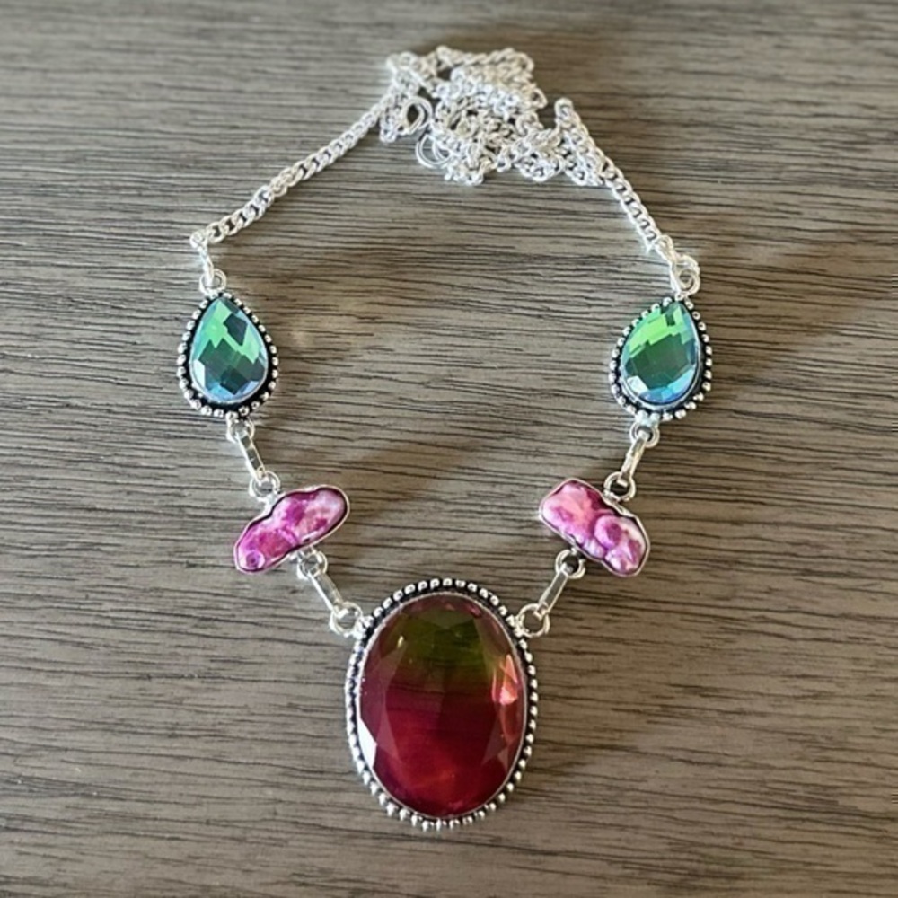 0908 Bi-Color Tourmaline Biwa Pearl Necklace Handmade Silver Statement J…